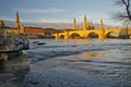 Ebro river flow with old Zaragoza view at sunrise Royalty Free Stock Photo